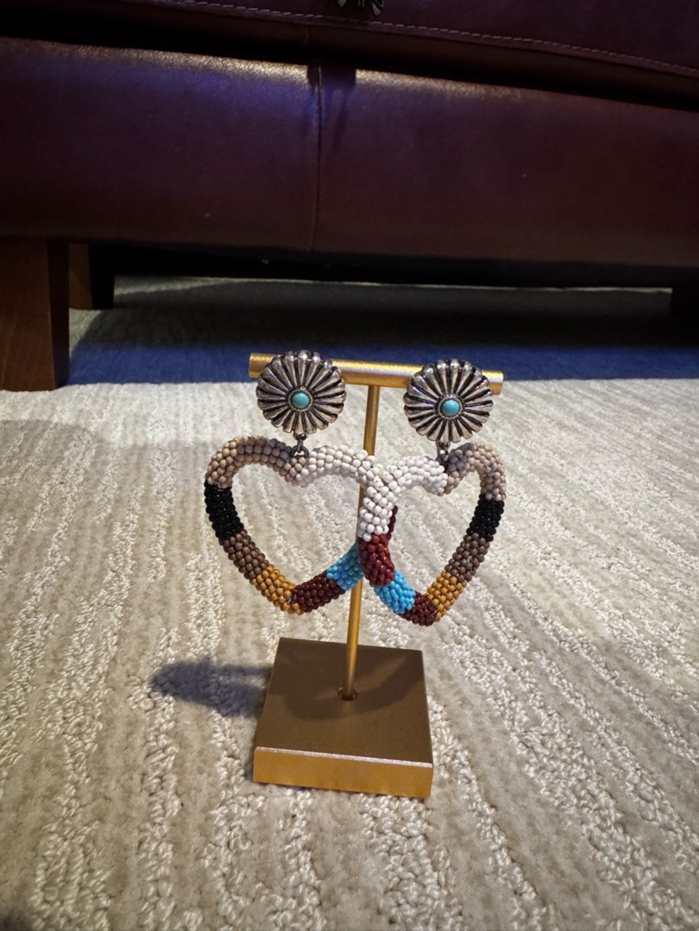 Beaded Multicolor Heart Drop Earrings with Turquoise Accent